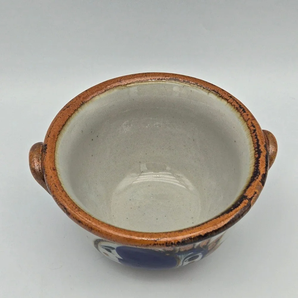 Vintage Tonala Pottery Bowl Sun Moon Celestial Cobalt Blue Hand Painted Mexico